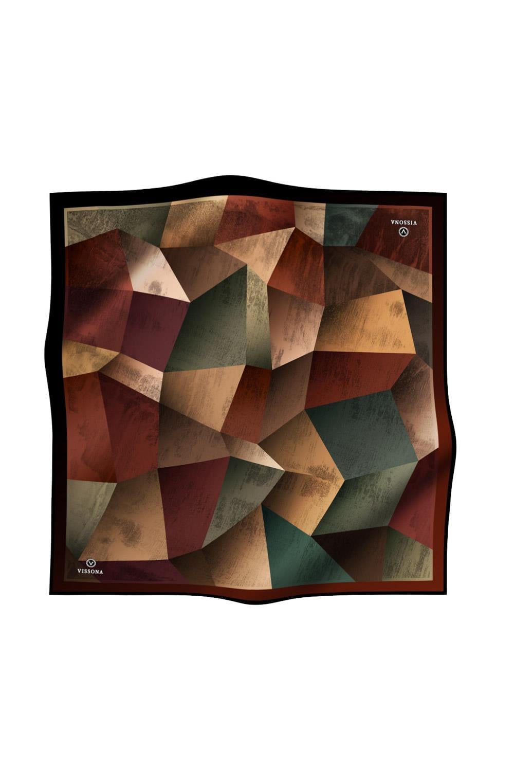 %100 Twill İpek Geometrik Desenli Bordo - Zümrüt Yeşili Renkli 90x90 Eşarp Dikim Şekli : El Dikişi