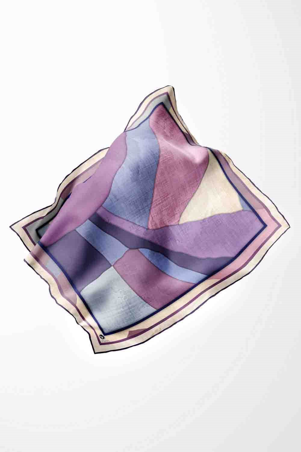 Twill Geometrik Desenli Mor Renkli 90x90 Eşarp (İpek İçermez) Kenar Dikiş Şekli El Dikişli