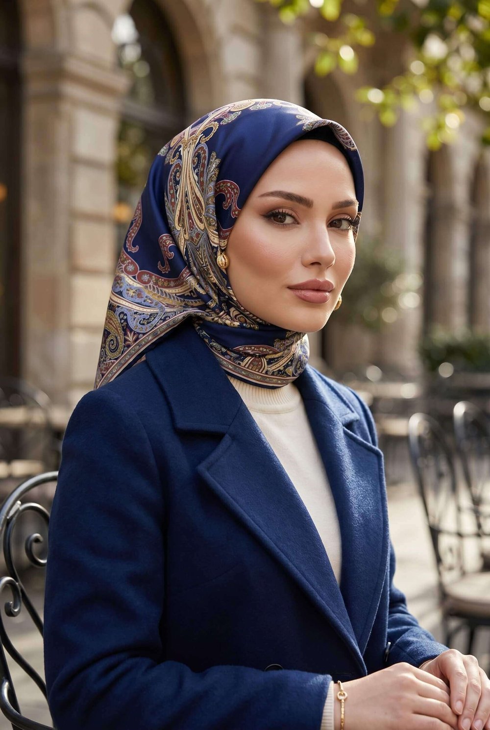 %100 Twill İpek Şal Desenli Lacivert Renkli 90x90 Eşarp Dikim Şekli : El Dikişi