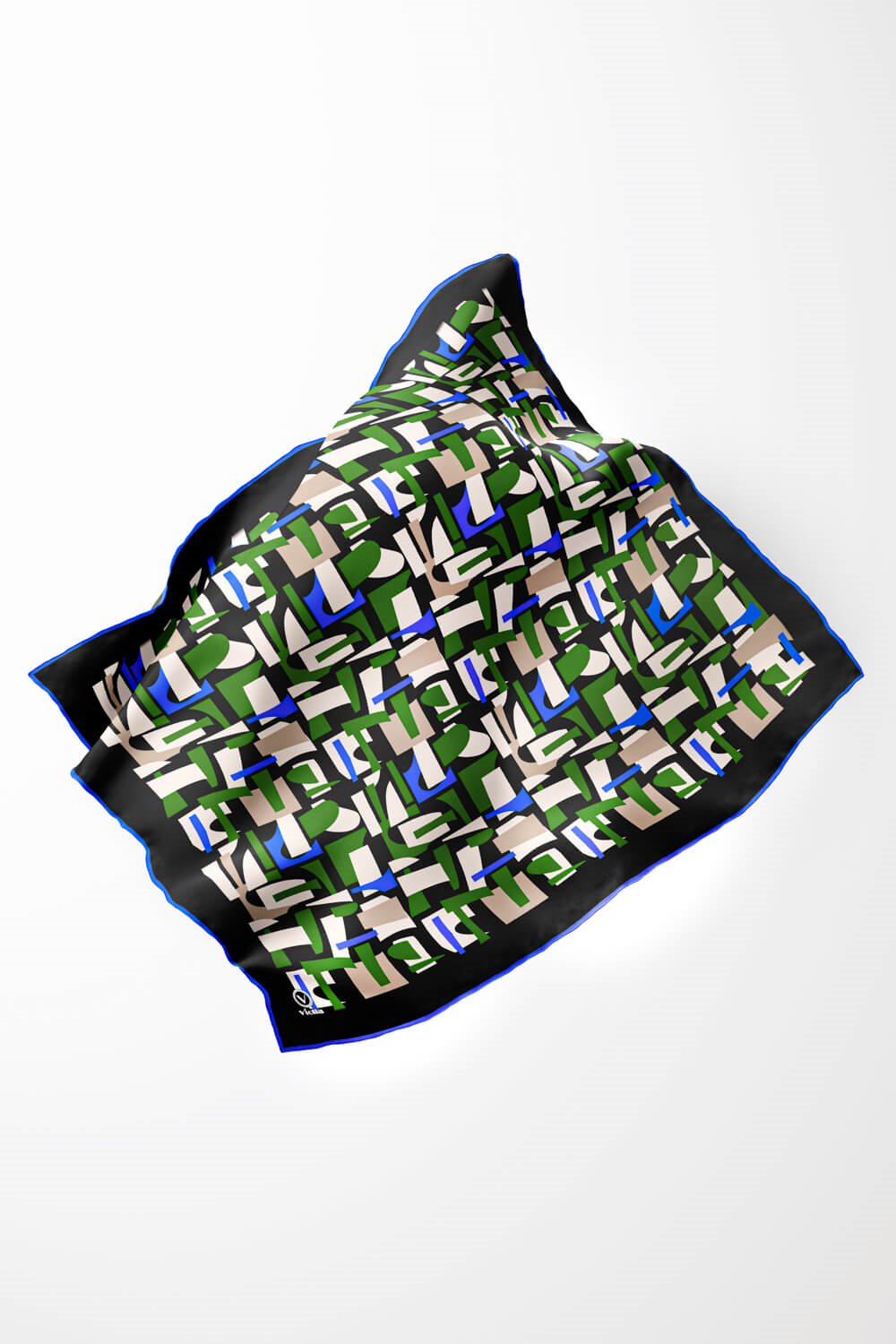 Twill Geometrik Desenli Zümrüt Yeşili - Saks Renkli 90x90 Eşarp (İpek İçermez) Dikim Şekli : El Dikişi