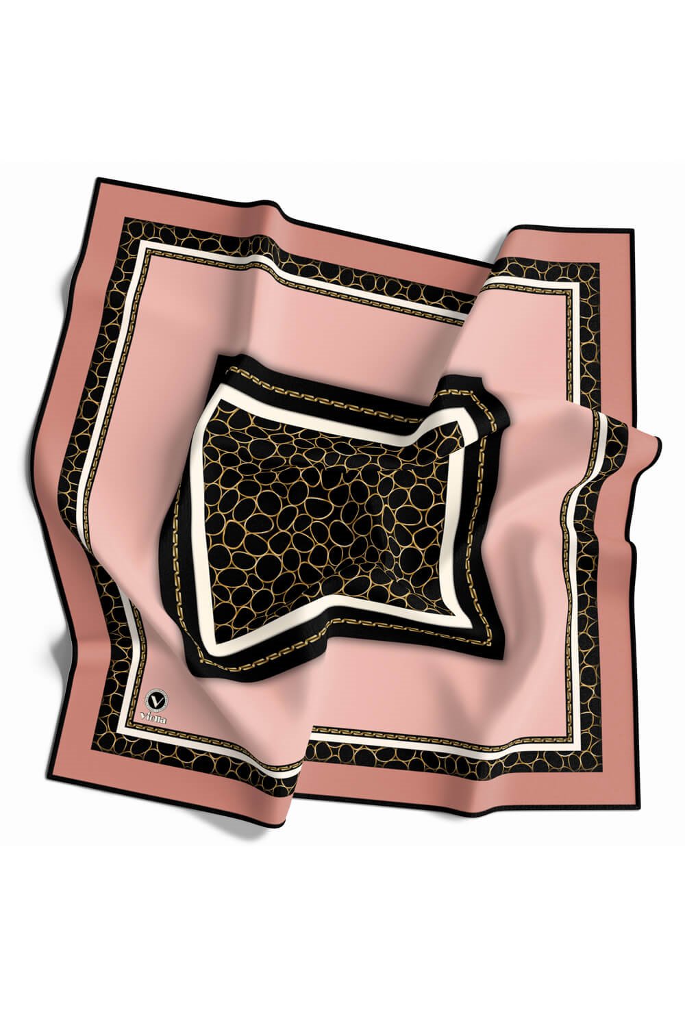 Twill Zincir Desenli Somon - Siyah Renkli 90x90 Eşarp (İpek İçermez) Kenar Dikiş Şekli El Dikişli