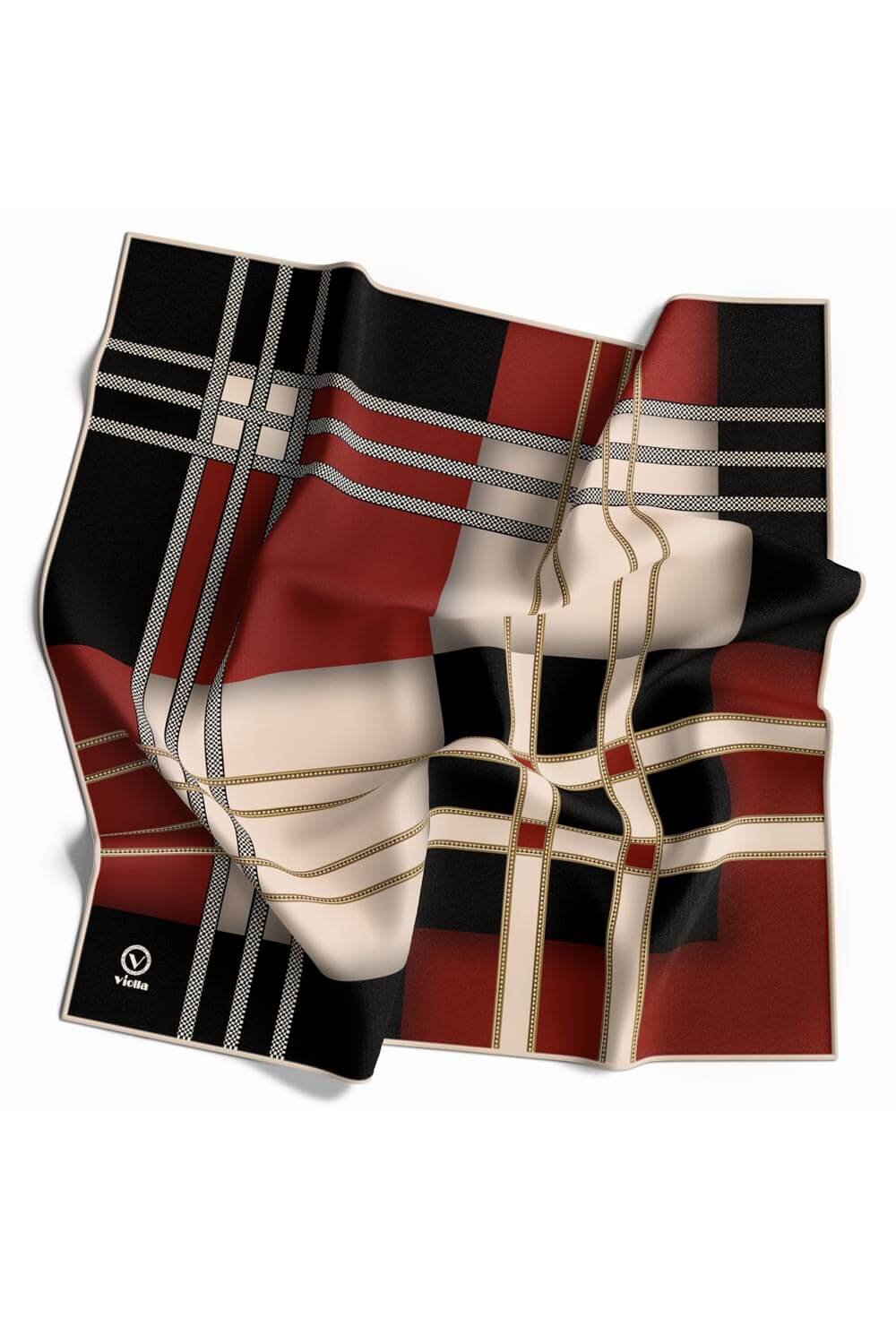 Twill Geometrik Desenli Siyah - Bordo Renkli 90x90 Eşarp (İpek İçermez) Kenar Dikiş Şekli El Dikişli