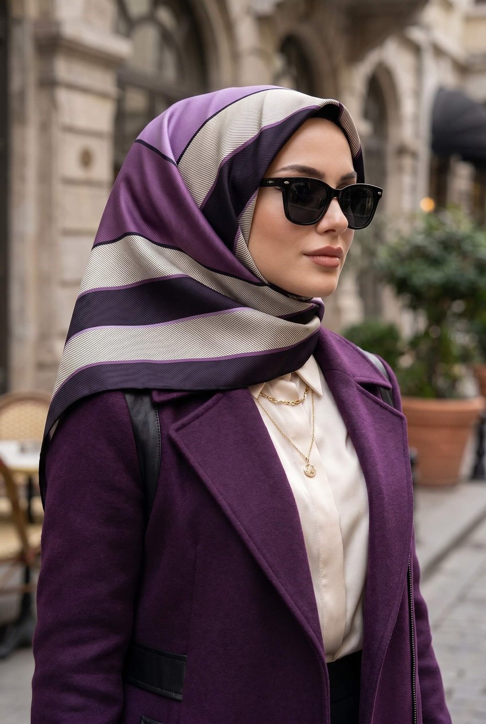 %100 Twill İpek Geometrik Desenli Lila Renkli 90x90 Eşarp Dikim Şekli : El Dikişi