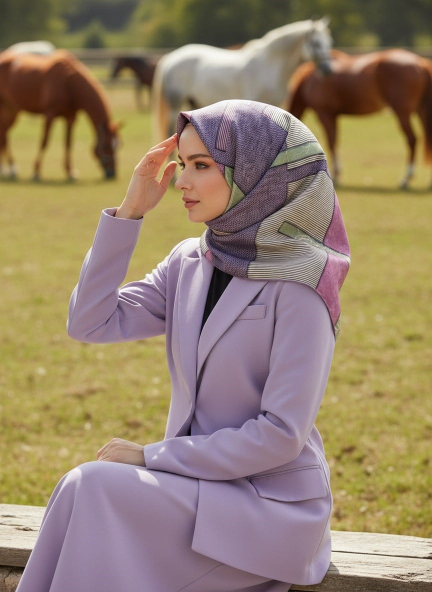 %100 Twill İpek Geometrik Desenli Lila Renkli 90x90 Eşarp Dikim Şekli : El Dikişi