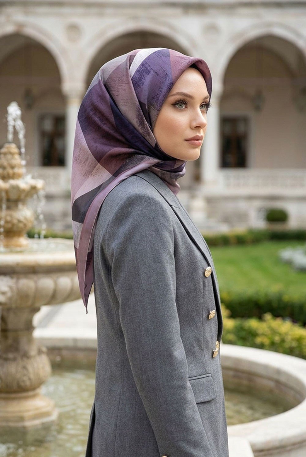 % 57 İPEK % 43 VİSKON Twill İpek Geometrik Desenli Lila - Pembe Renkli 90x90 Eşarp Dikim Şekli : El Dikişi
