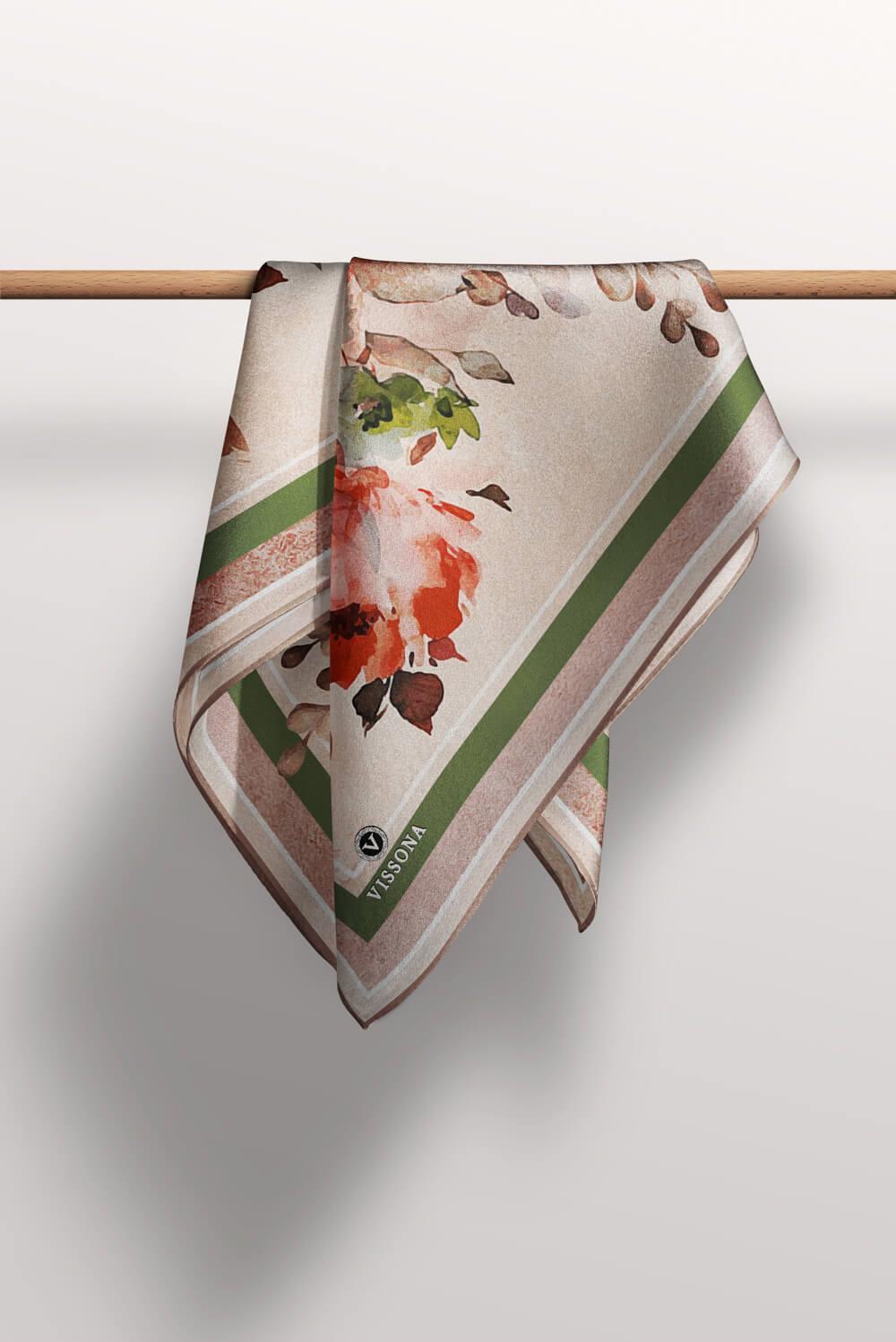 %100 Twill İpek Bahar Çiçekleri Desenli Narçiçeği - Haki Renkli 90x90 Eşarp Dikim Şekli : El Dikişi