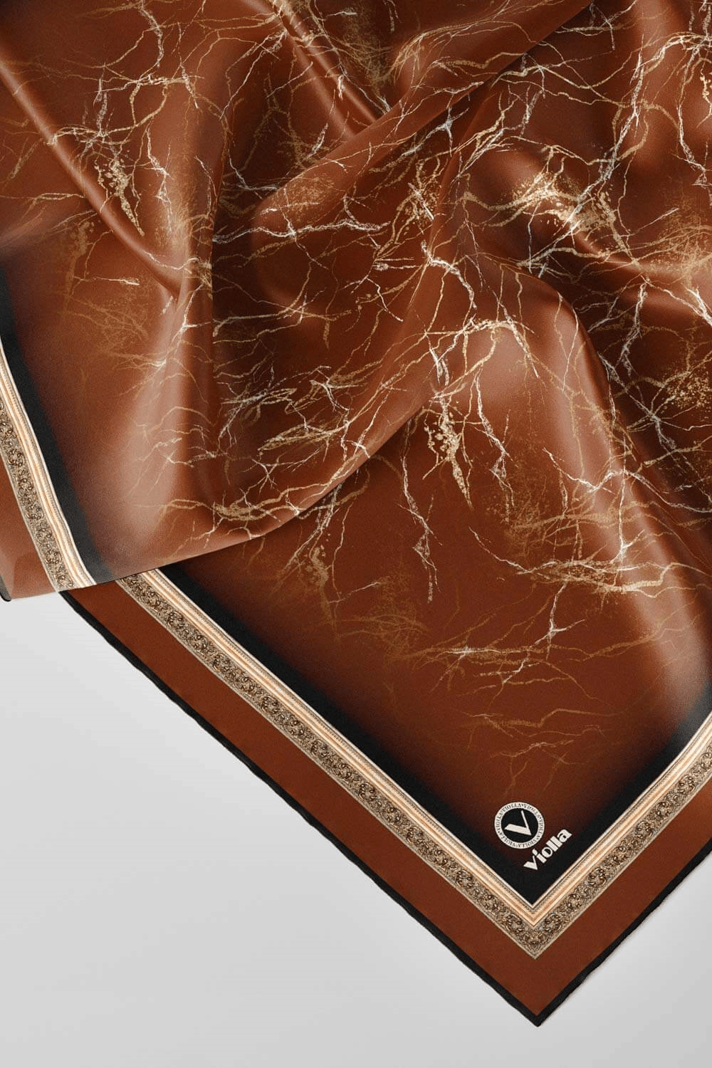 Twill Barok Çerçeveli Mermer Desenli Taba Renkli 90x90 Eşarp (İpek İçermez) Kenar Dikiş Şekli El Dikişli