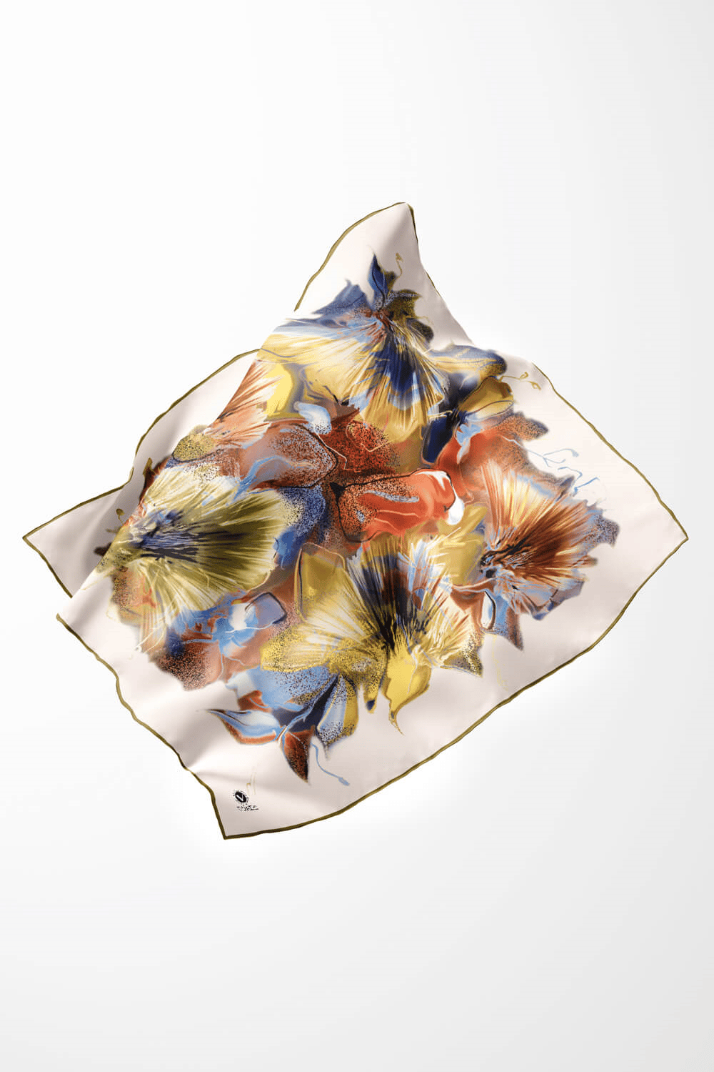 Twill Çiçek Desenli Haki - Turuncu Renkli 90x90 Eşarp (İpek İçermez) Kenar Dikiş Şekli El Dikişli