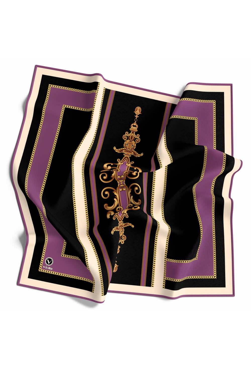 Twill Barok Desenli Lila Renkli 90x90 Eşarp (İpek İçermez) Kenar Dikiş Şekli El Dikişli