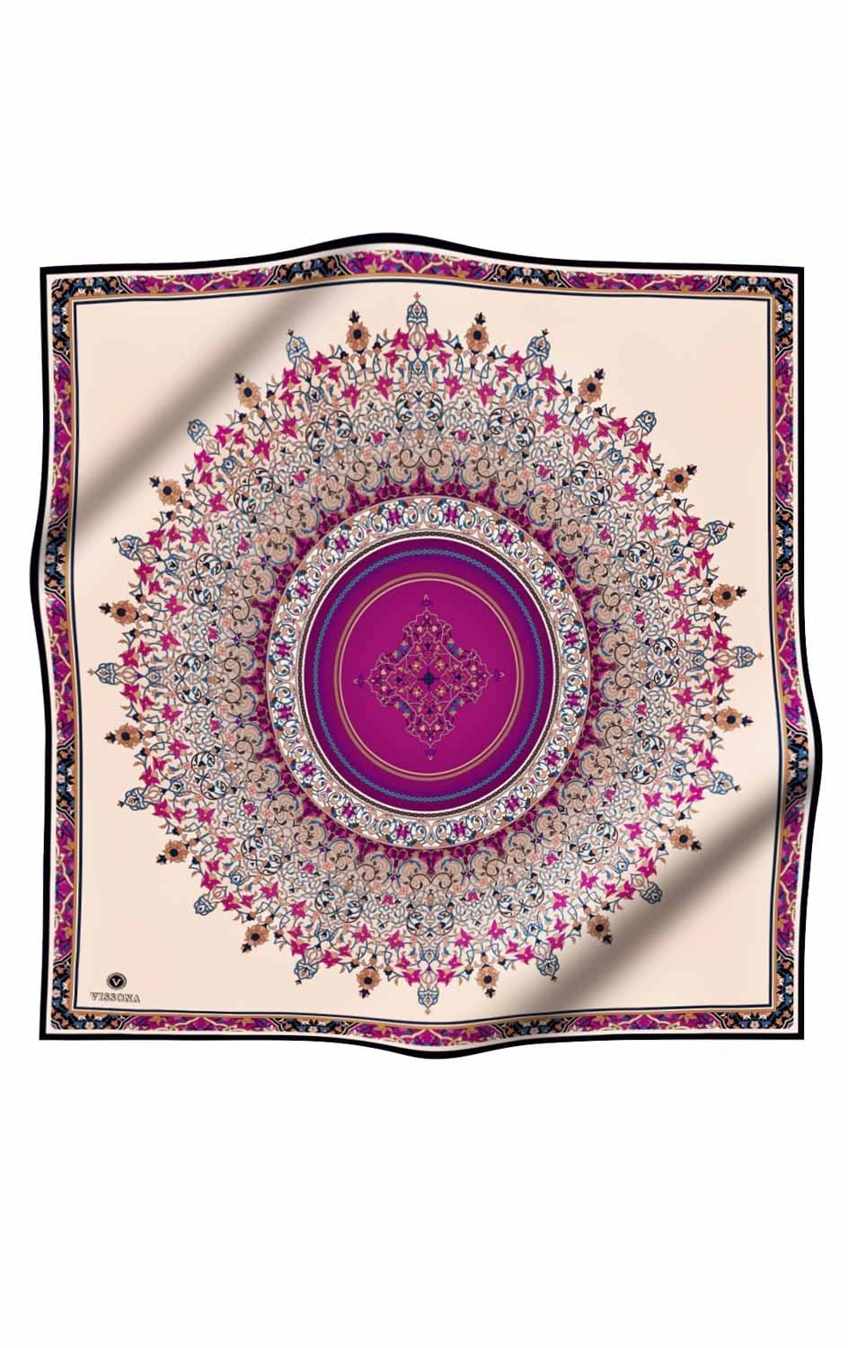 %100 Twill İpek Şal Desenli Mürdüm Renkli 90x90 Eşarp Dikim Şekli : El Dikişi