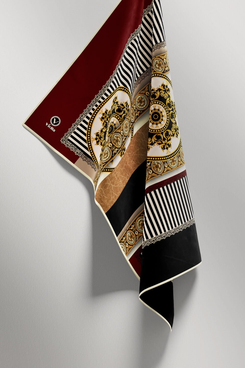 Twill Çizgili ve Barok Desenli Bordo Renkli 90x90 Eşarp (İpek İçermez) Kenar Dikiş Şekli El Dikişli