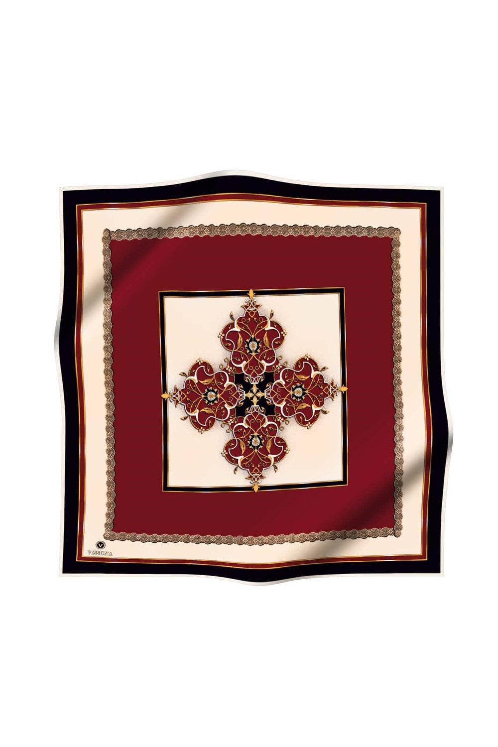 % 57 İPEK % 43 VİSKON Twill İpek Barok Desenli Bordo - Siyah Renkli 90x90 Eşarp Dikim Şekli : El Dikişi