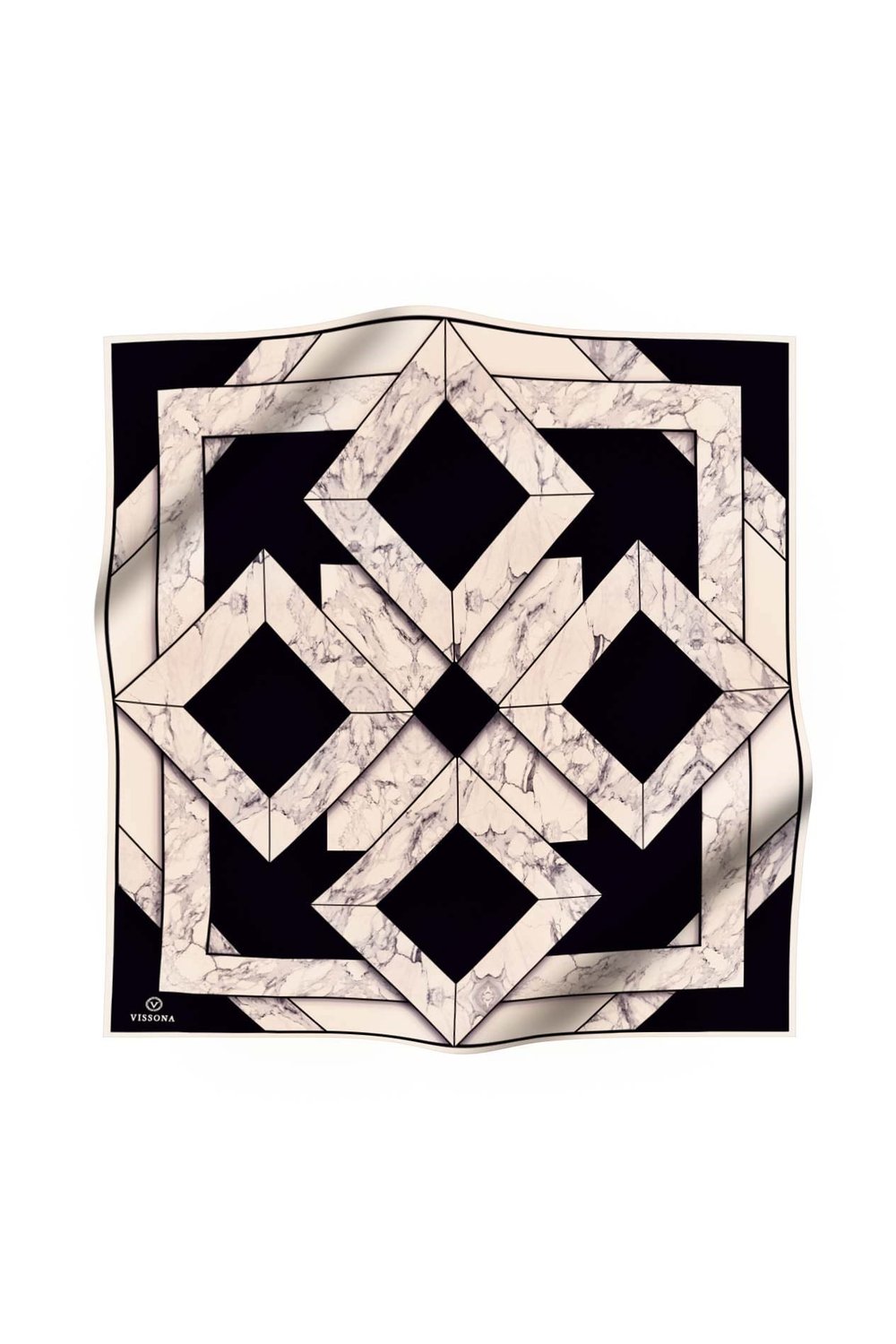 %100 Twill İpek Mermer Desenli Siyah - Krem Renkli 90x90 Eşarp Dikim Şekli : El Dikişi
