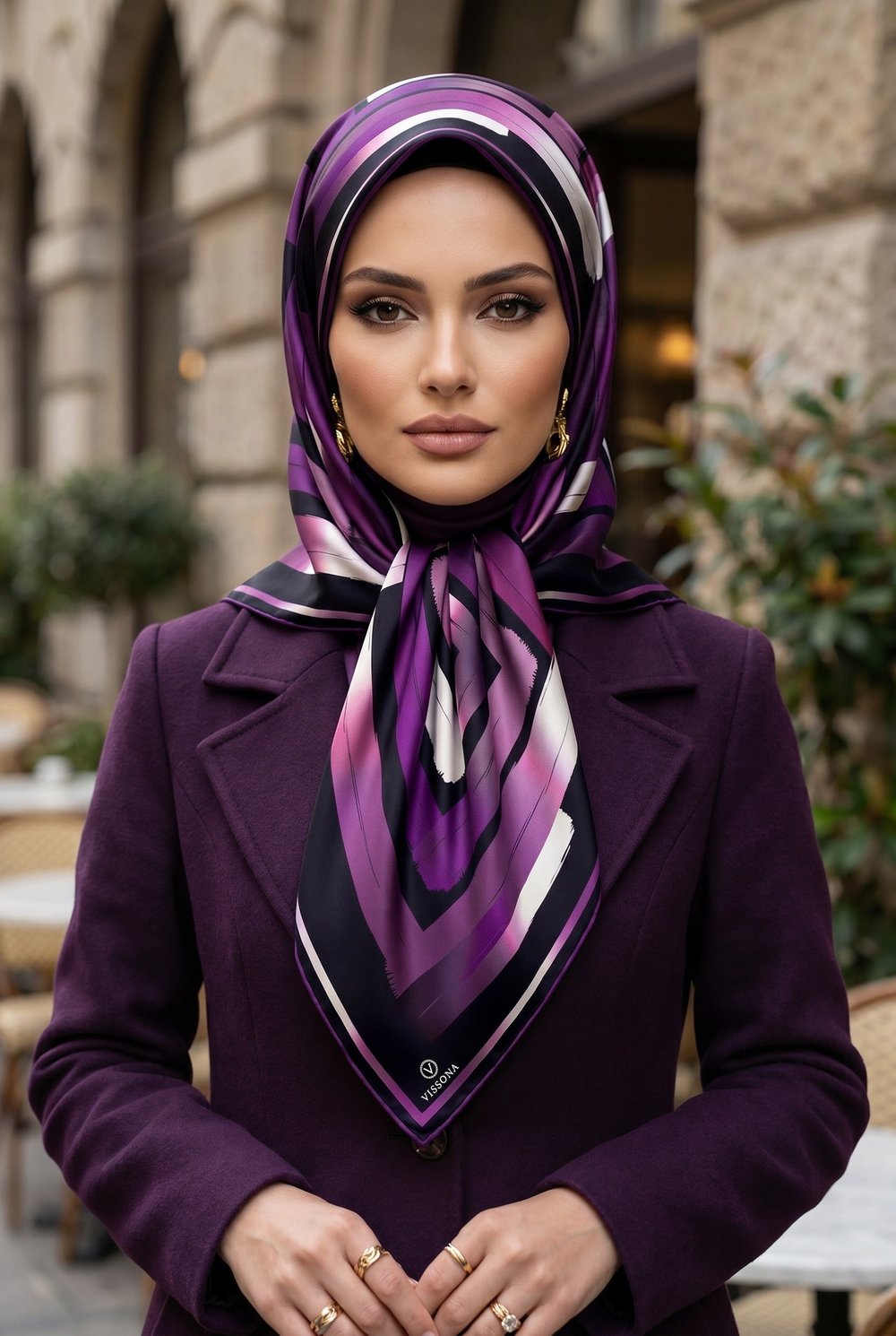 %100 Twill İpek Geometrik Fırça İzi Desenli Siyah - Mürdüm Renkli 90x90 Eşarp Dikim Şekli : El Dikişi