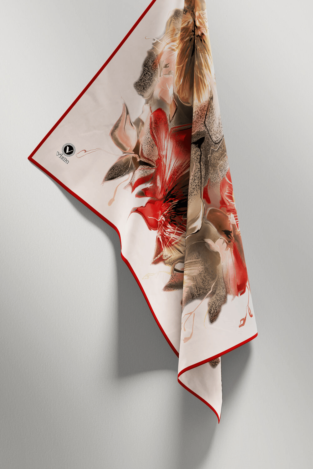 Twill Çiçek Desenli Bordo - Bej Renkli 90x90 Eşarp (İpek İçermez) Kenar Dikiş Şekli El Dikişli