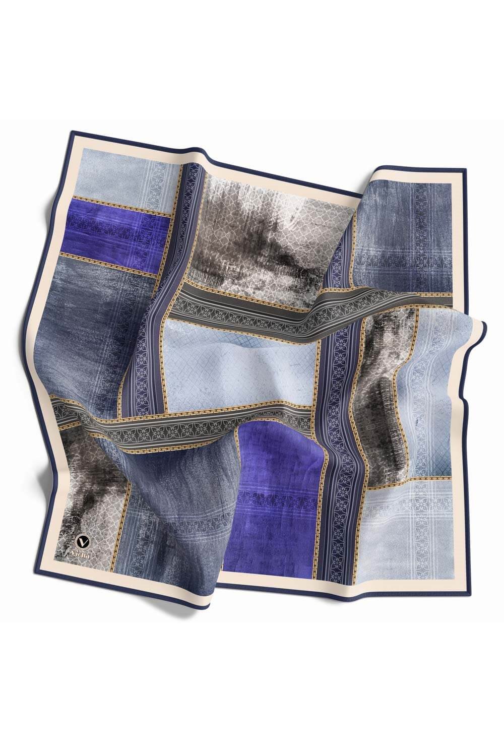 Twill Dokulu Ve Geometrik Desenli Saks Renkli 90x90 Eşarp (İpek İçermez) Dikim Şekli : El Dikişi