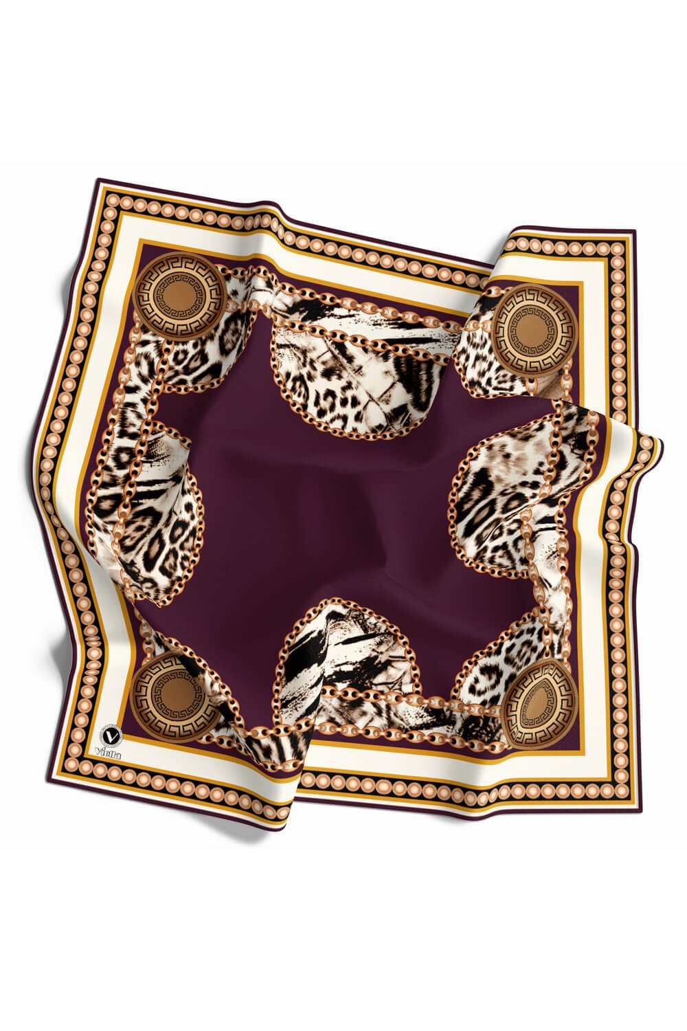 Kristal Zincirli Leopar Desenli Mürdüm Renkli 90x90 Eşarp (İpek İçermez) Kenar Dikiş Şekli El Dikişli