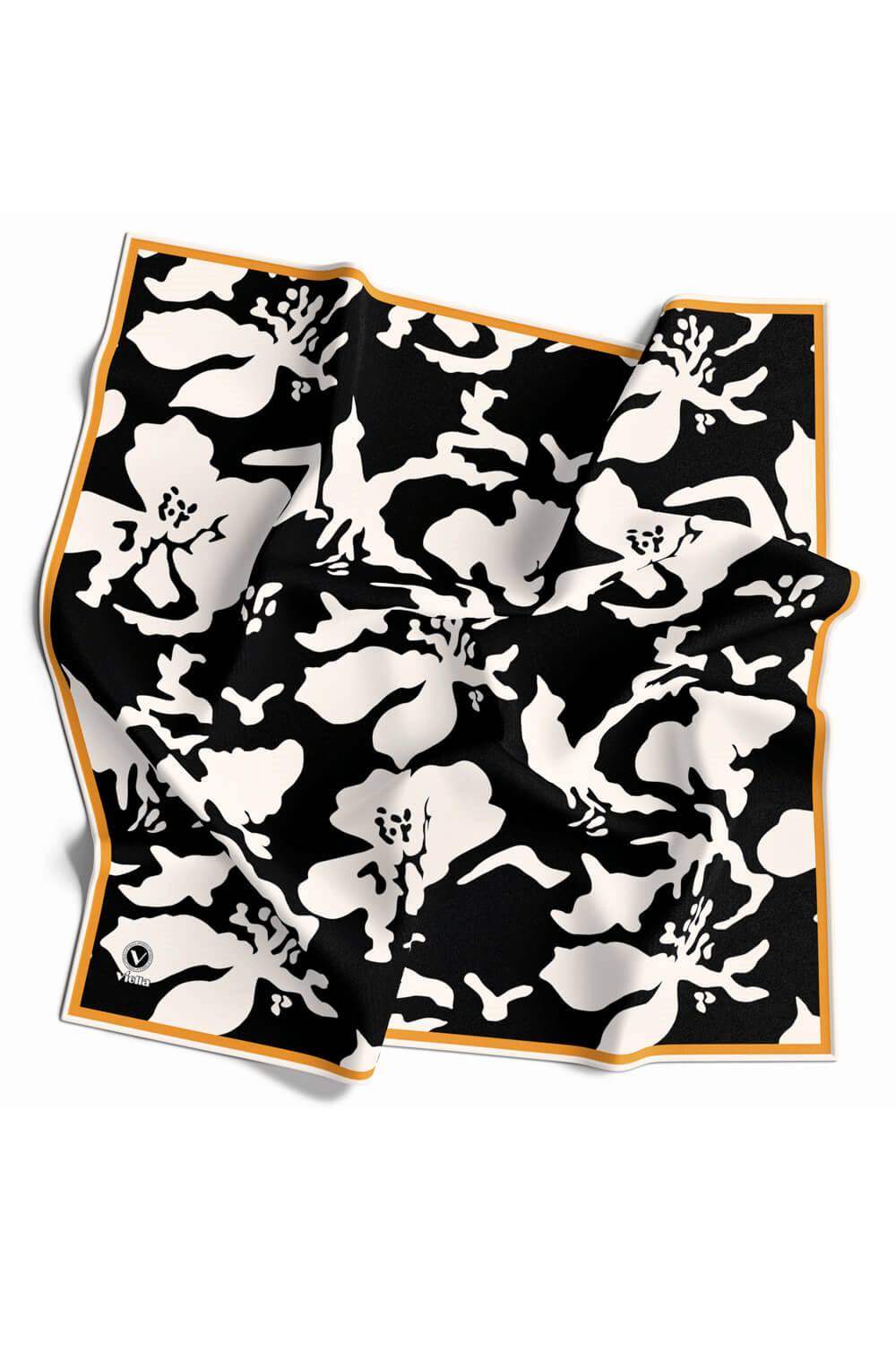 Twill Çiçek Desenli Siyah - Krem Renkli 90x90 Eşarp (İpek İçermez) Dikim Şekli : El Dikişi