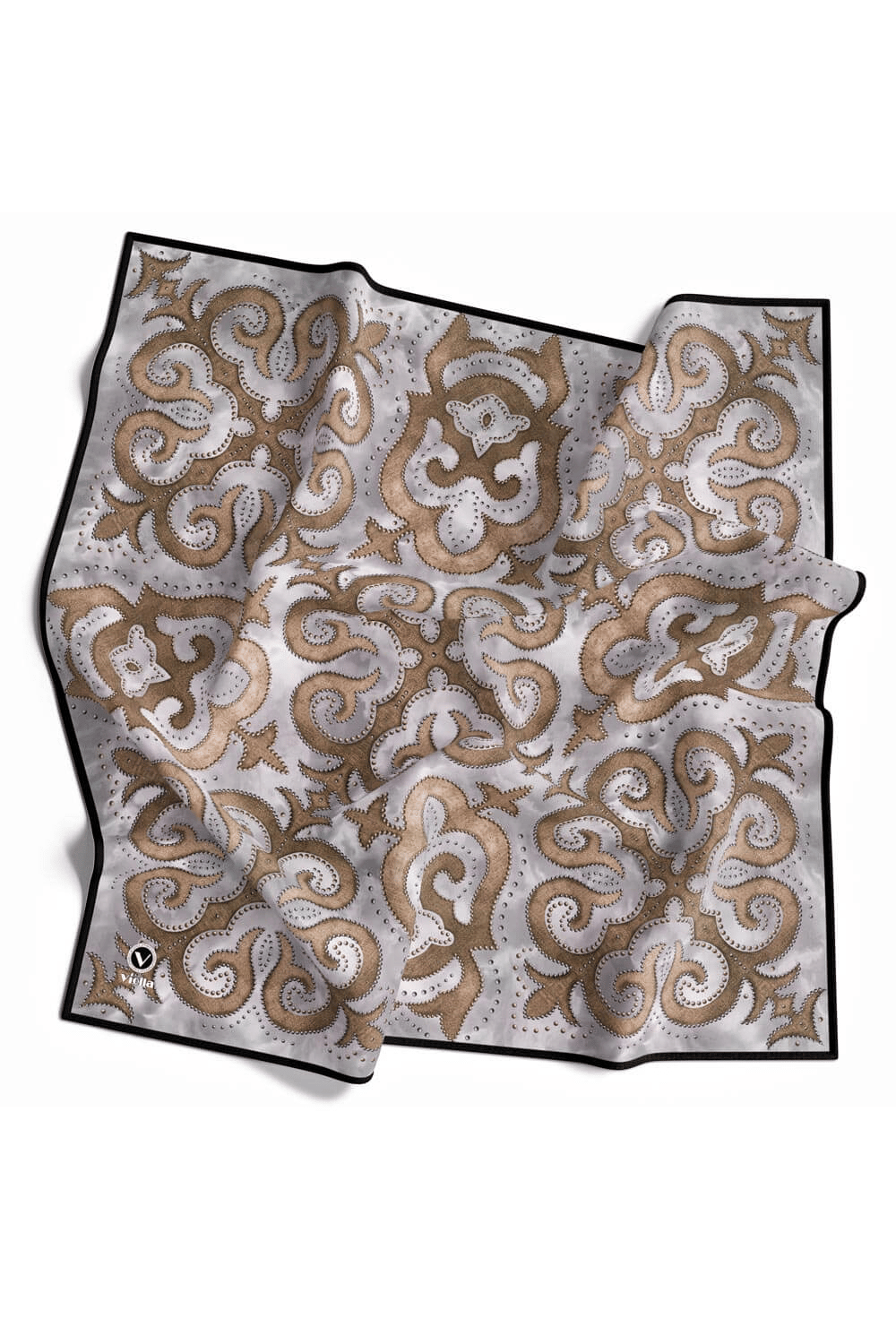 Twill Barok Desenli Gri - Bej Renkli 90x90 Eşarp (İpek İçermez) Kenar Dikiş Şekli El Dikişli