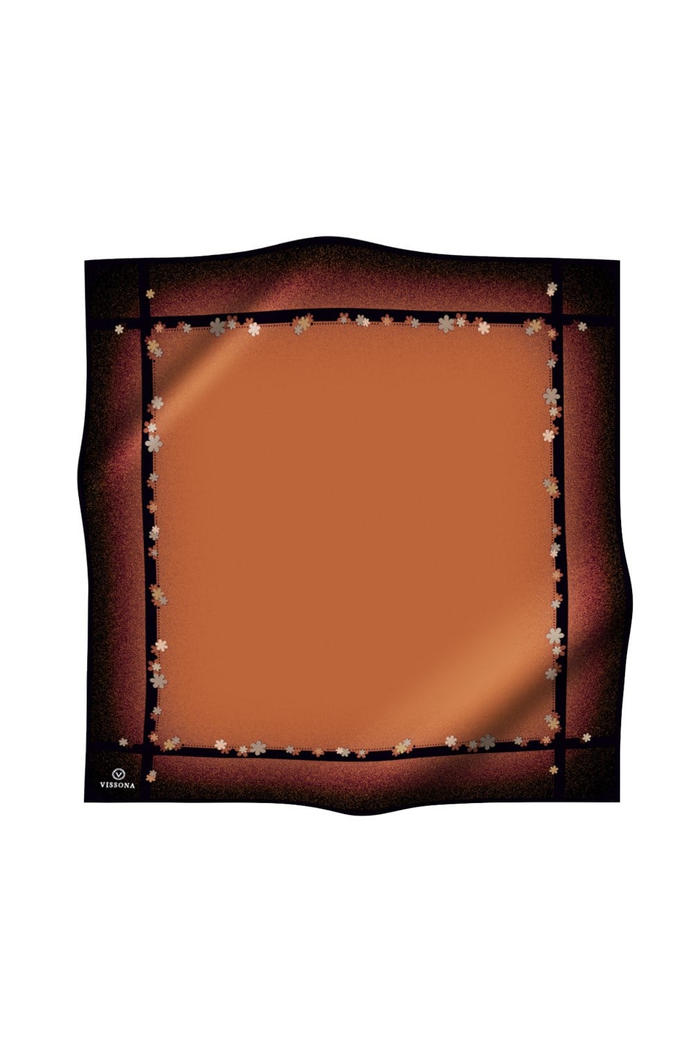 %100 Twill İpek Kenar Motifi Çiçek Desenli Taba - Siyah Renkli 90x90 Eşarp Dikim Şekli : El Dikişi