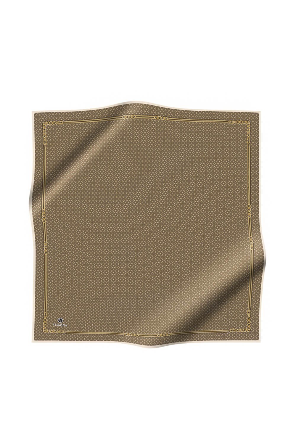 %57 İPEK %43 VİSKON Twill İpek Zincir Desenli Vizon - Gold Renkli 90x90 Eşarp Dikim Şekli : El Dikişi