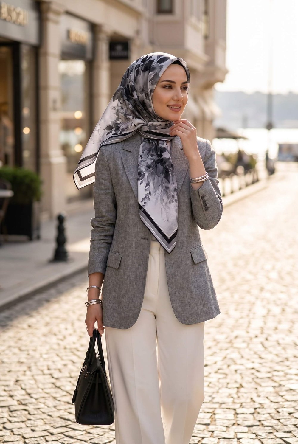 %100 Twill İpek Bahar Çiçekleri Desenli Siyah - Beyaz Renkli 90x90 Eşarp Dikim Şekli : El Dikişi