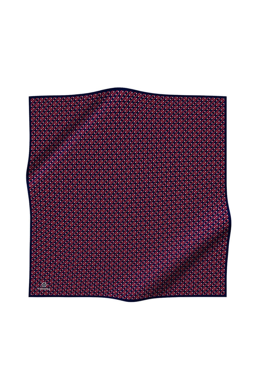 %100 Twill İpek Zincir Desenli Lacivert - Kırmızı Renkli 90x90 Eşarp Kenar Dikiş Şekli El Dikişli