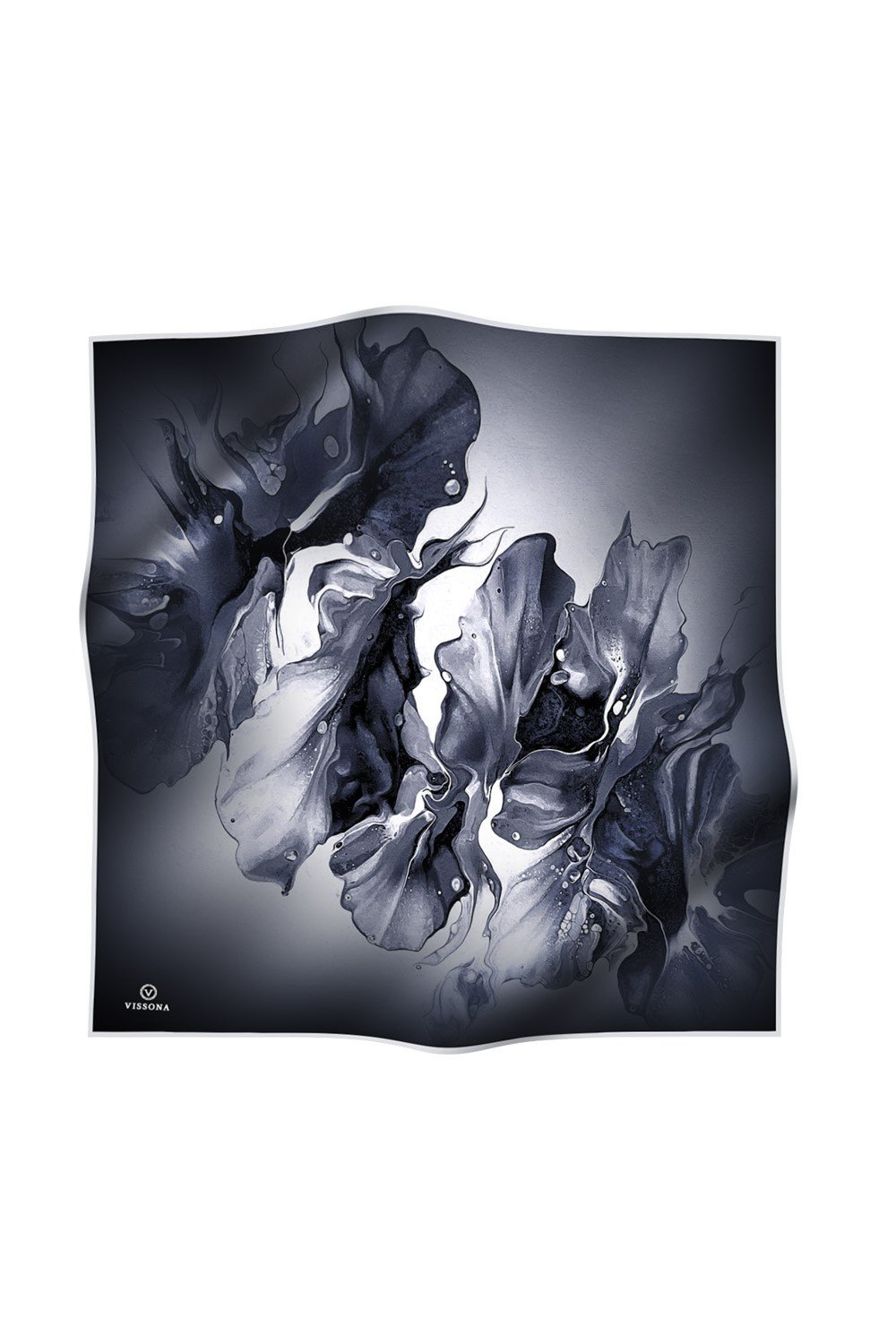 %100 Twill İpek Batik Çiçek Desenli Siyah - Gümüş Renkli 90x90 Eşarp Dikim Şekli : El Dikişi