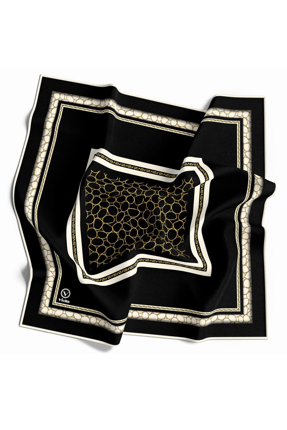 Twill Zincir Desenli Siyah Renkli 90x90 Eşarp (İpek İçermez) Kenar Dikiş Şekli El Dikişli