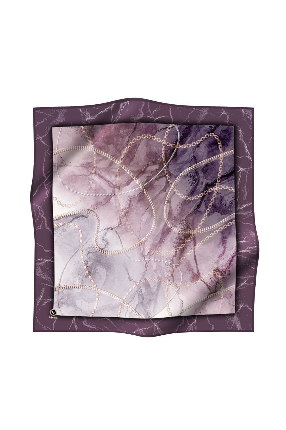 Twill Mermer ve Zincir Desenli Mor Renkli 90x90 Eşarp (İpek İçermez) Kenar Dikiş Şekli El Dikişli