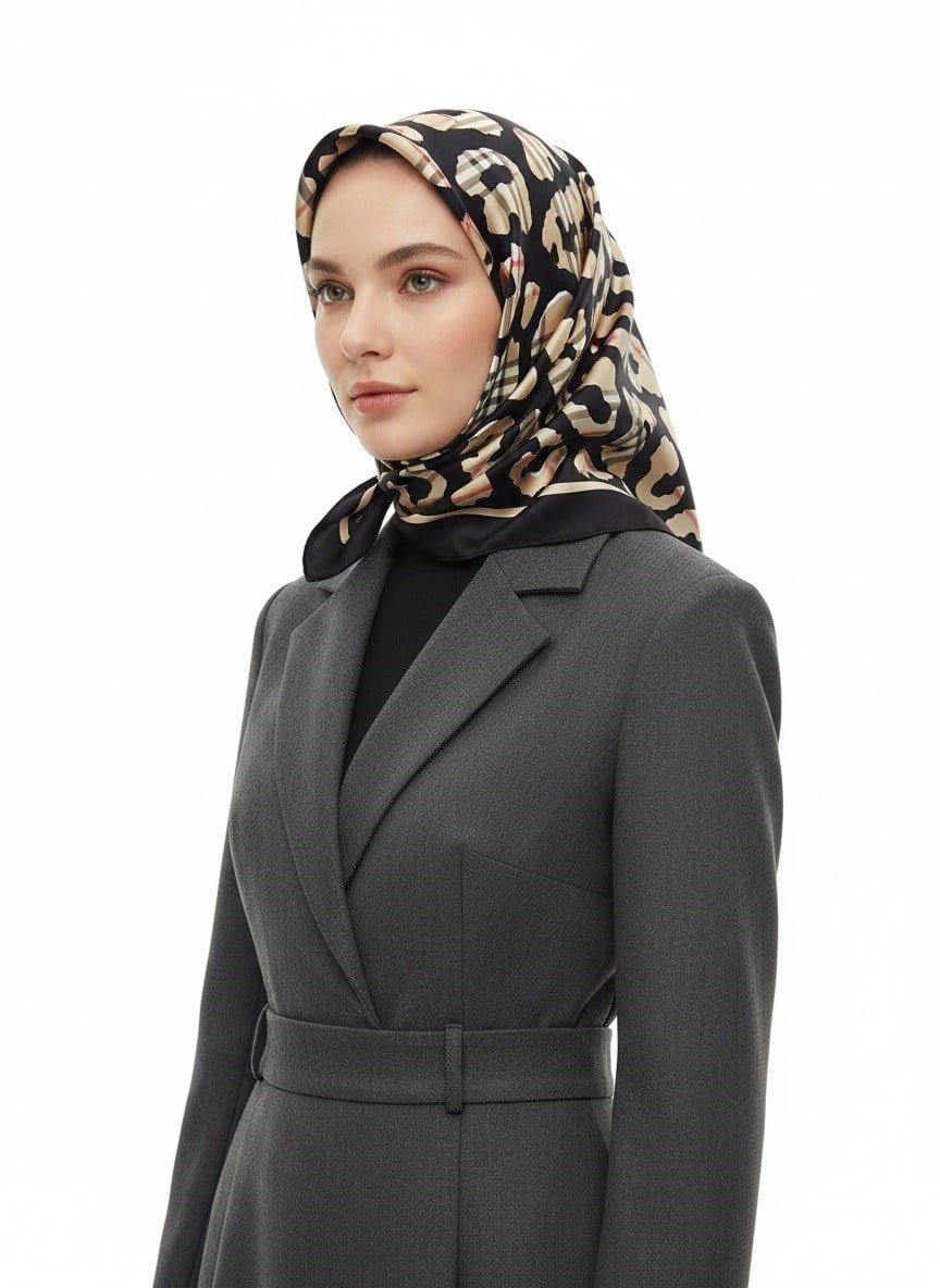 %100 Twill İpek Leopar Desenli Siyah - Bej Renkli 90x90 Eşarp Dikim Şekli : El Dikişi