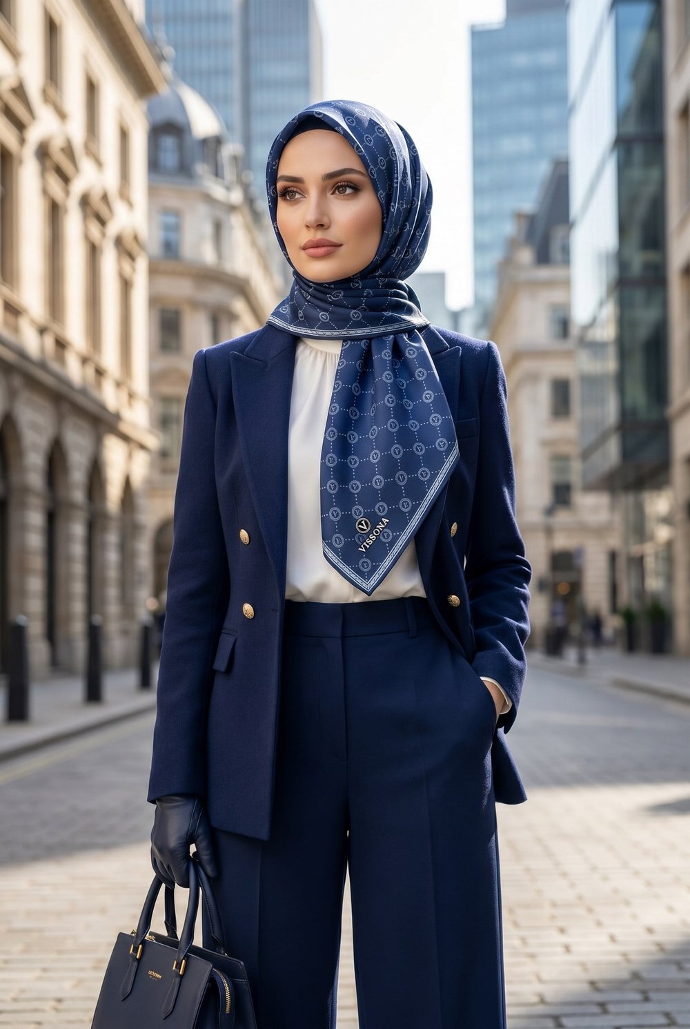 %100 Twill İpek Monogram Desenli İndigo Renkli 90x90 Eşarp Dikim Şekli : El Dikişi