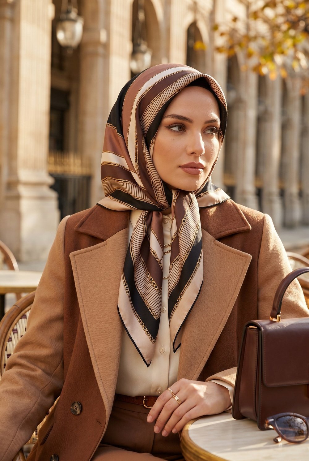 %100 Twill İpek Zincir Detaylı Geometrik Desenli Bej - Vizon Renkli 90x90 Eşarp Dikim Şekli : El Dikişi