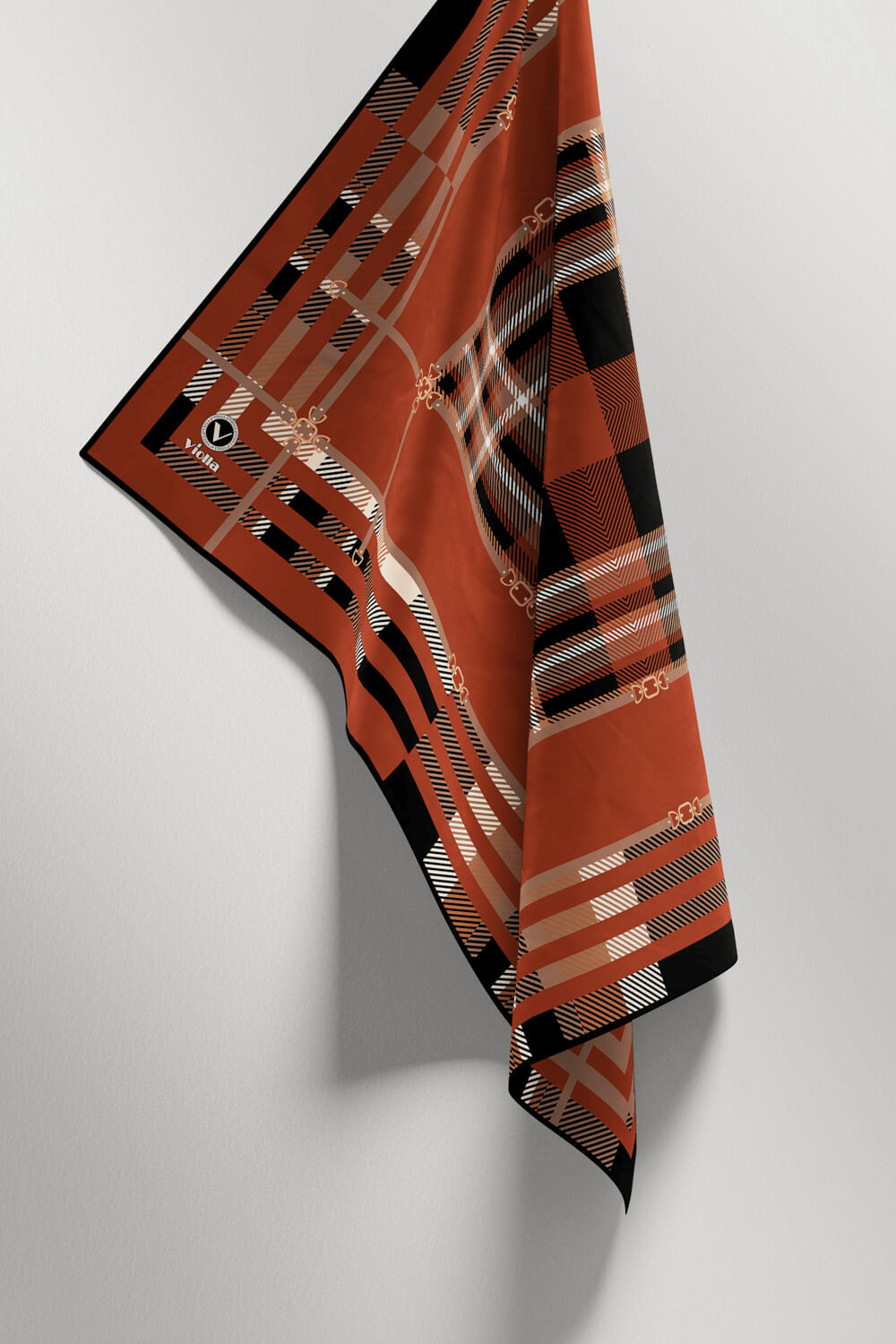 Twill Kemerli ve Ekose Desenli Taba Renkli 90x90 Eşarp (İpek İçermez)Kenar Dikiş Şekli El Dikişli
