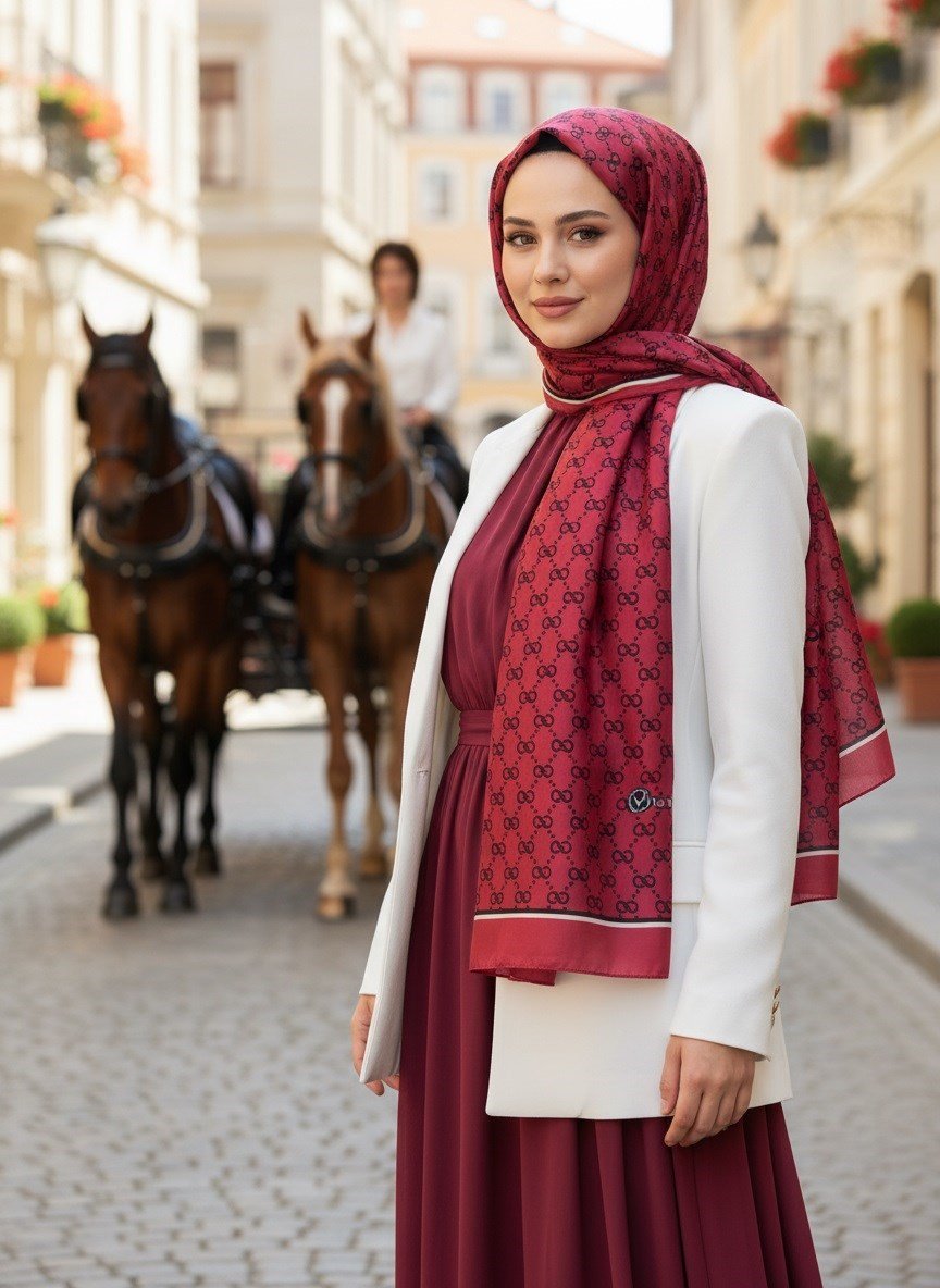 %100 İpek Minik Motif Desenli Bordo Renkli 92x210 Şal