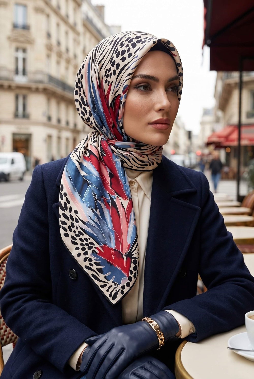 %100 Twill İpek Amazon Desenli Kırmızı- İndigo Renkli 90x90 Eşarp Kenar Dikiş Şekli El Dikişli