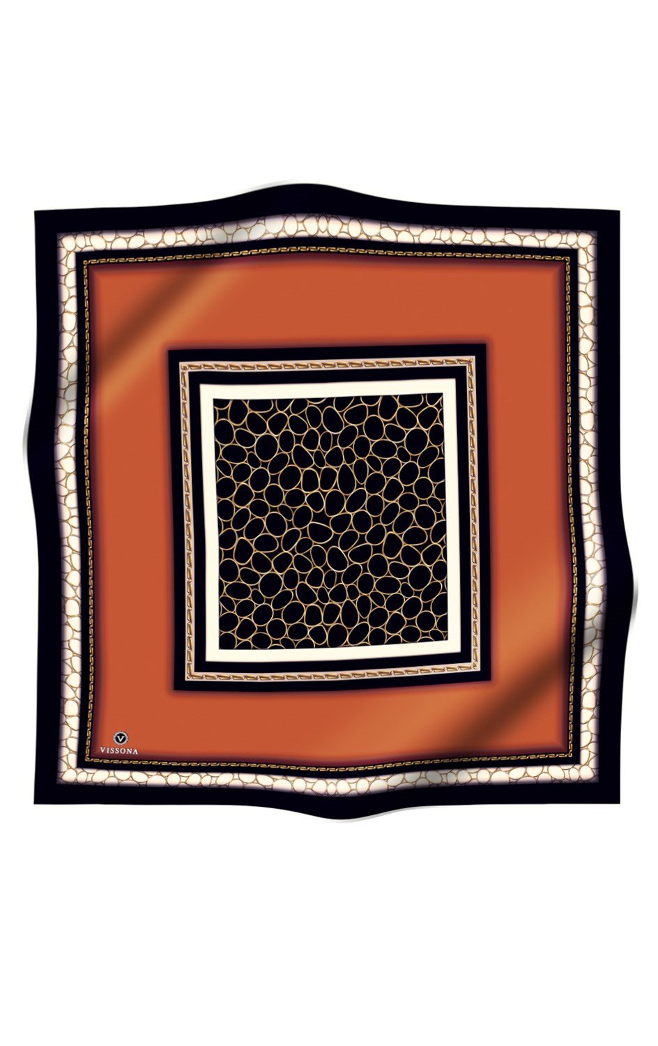 %100 Twill İpek Gold Halka Desenli Taba - Siyah Renkli 90x90 Eşarp Dikim Şekli : El Dikişi