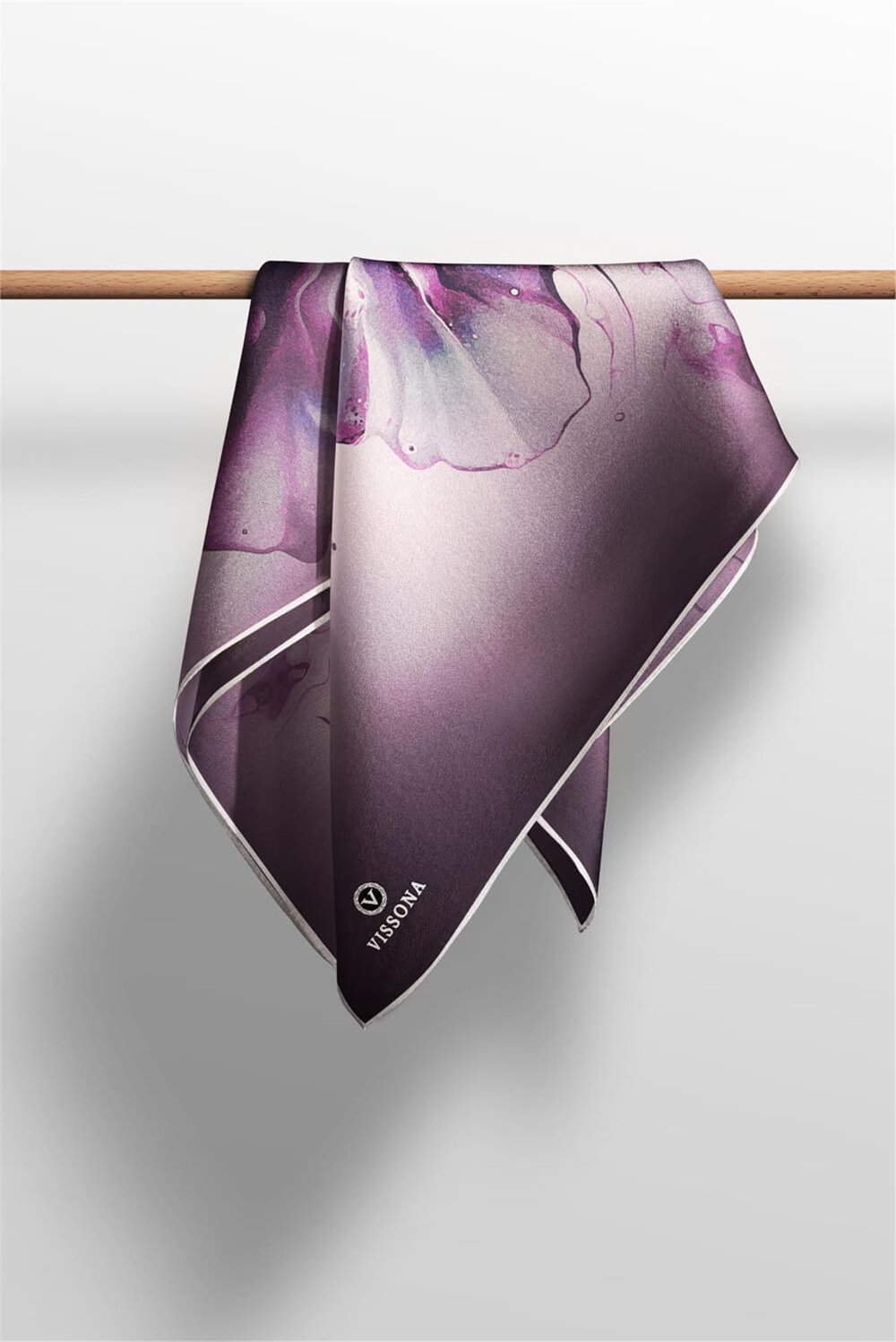 %100 Twill İpek Batik Çiçek Desenli Mürdüm - Krem Renkli 90x90 Eşarp Dikim Şekli : El Dikişi