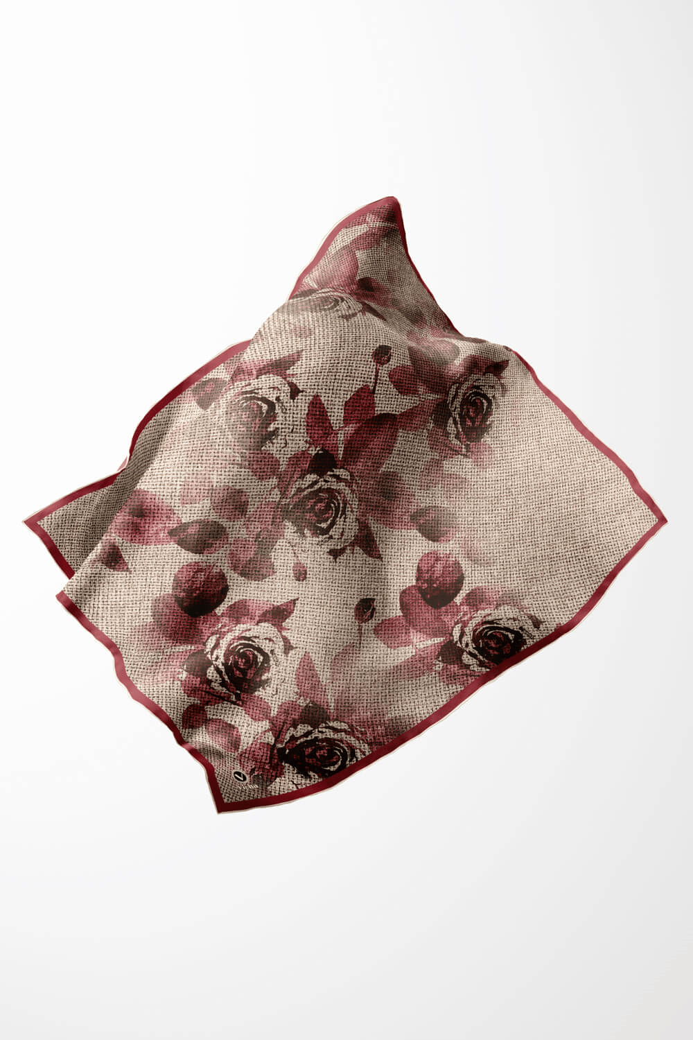 Twill Gül Desenli Bordo Renkli 90x90 Eşarp (İpek İçermez) Kenar Dikiş Şekli El Dikişli