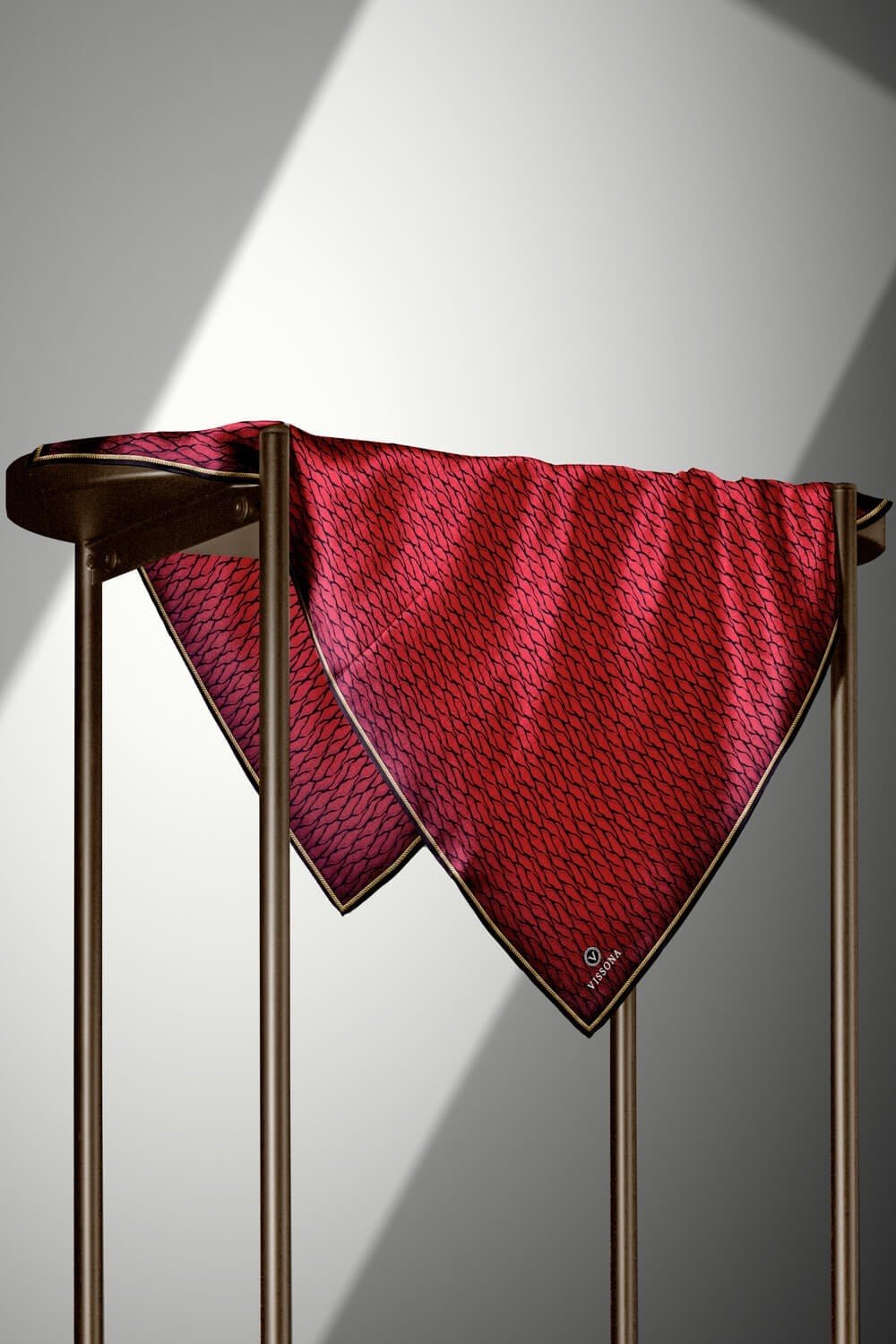 %100 Twill İpek File Desenli Kırmızı - Siyah Renkli 90x90 Eşarp Dikim Şekli : El Dikişi