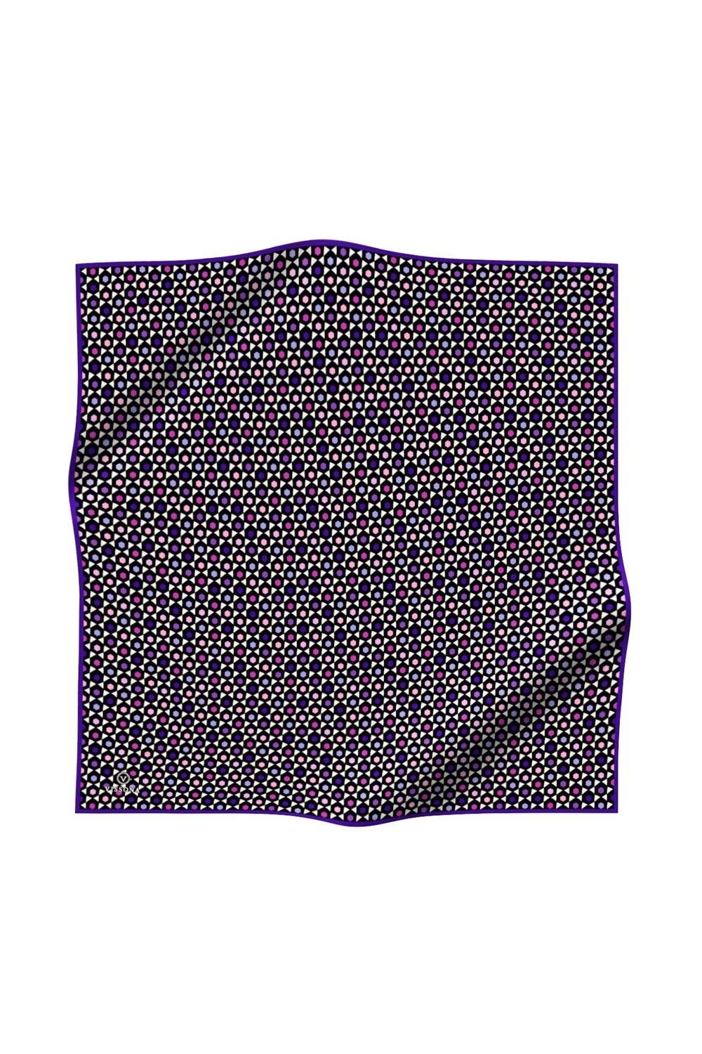 %100 Twill İpek Nokta Desenli Siyah - Mor Renkli 90x90 Eşarp Dikim Şekli : El Dikişi