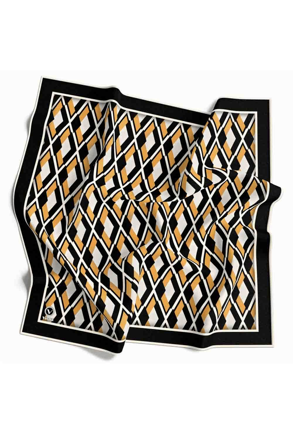 Kristal Geometrik Desenli Siyah - Gold Renkli 90x90 Eşarp (İpek İçermez) Dikim Şekli : El Dikişi