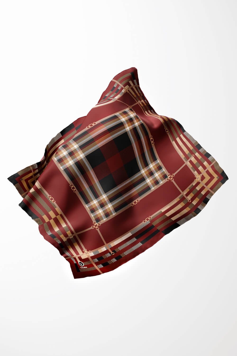 Twill Kemerli ve Ekose Desenli Bordo Renkli 90x90 Eşarp (İpek İçermez)Kenar Dikiş Şekli El Dikişli
