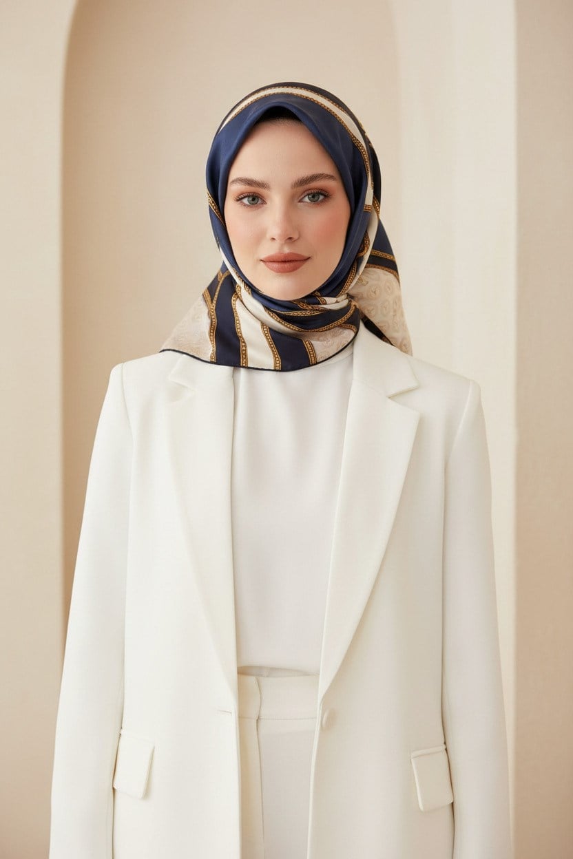 %100 Twill İpek Monogram ve Barok Desenli Lacivert - İndigo Renkli 90x90 Eşarp Dikim Şekli : El Dikişi