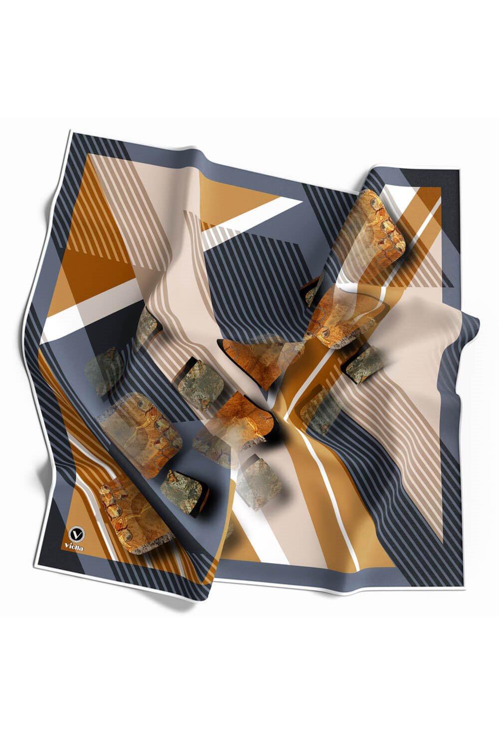 Twill Çizgili ve Geometrik Desenli Hardal Renkli 90x90 Eşarp (İpek İçermez) Kenar Dikiş Şekli El Dikişli