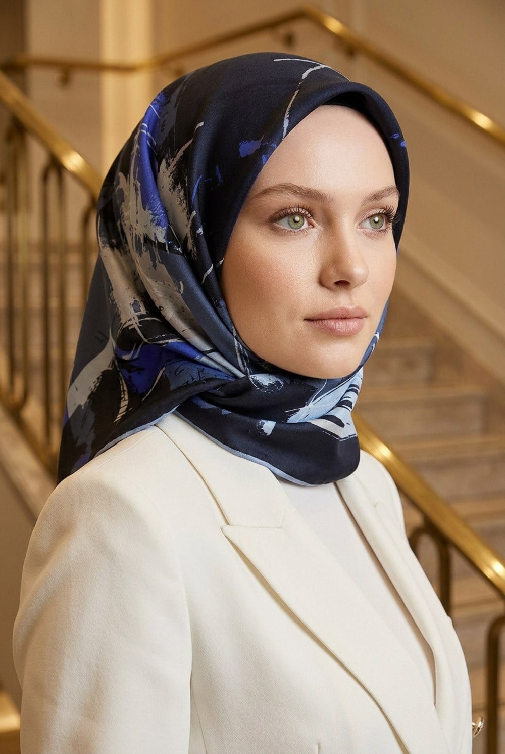 % 57 İPEK % 43 VİSKON Twill İpek Geometrik Desenli Lacivert - Bebe Mavisi Renkli 90x90 Eşarp Dikim Şekli : El Dikişi