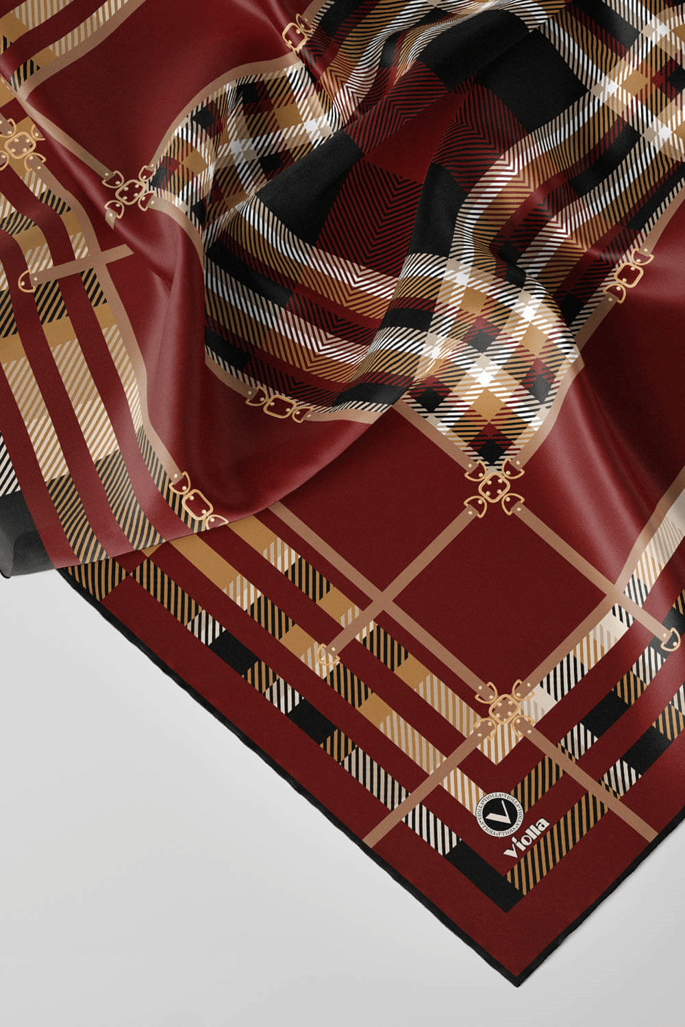 Twill Kemerli ve Ekose Desenli Bordo Renkli 90x90 Eşarp (İpek İçermez)Kenar Dikiş Şekli El Dikişli
