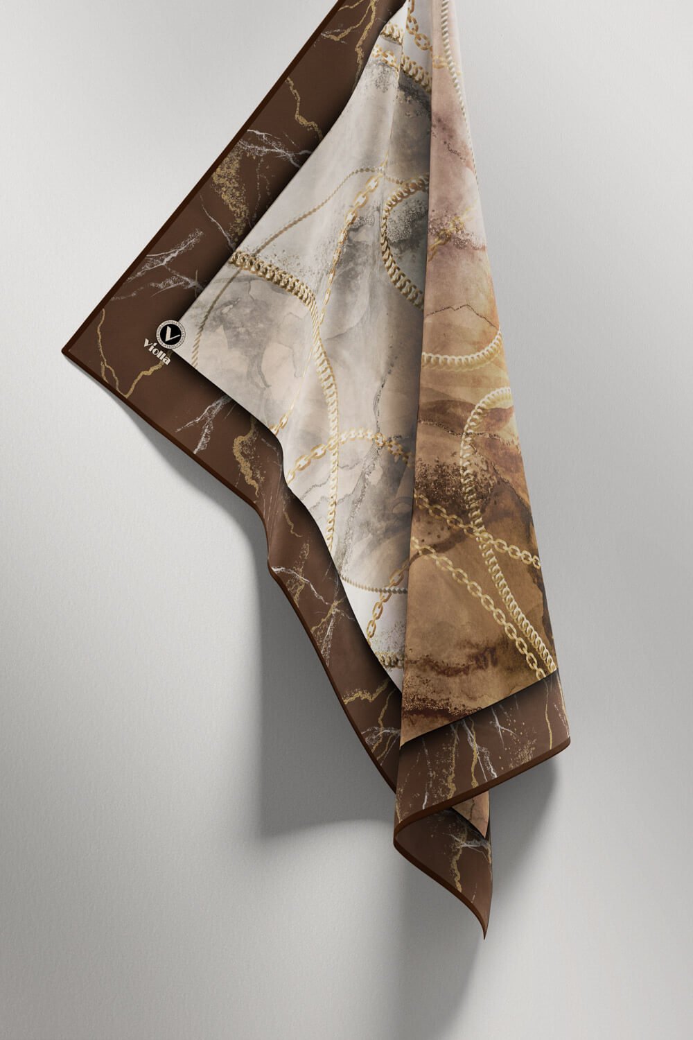 Twill Mermer ve Zincir Desenli Vizon Renkli 90x90 Eşarp (İpek İçermez) Kenar Dikiş Şekli El Dikişli