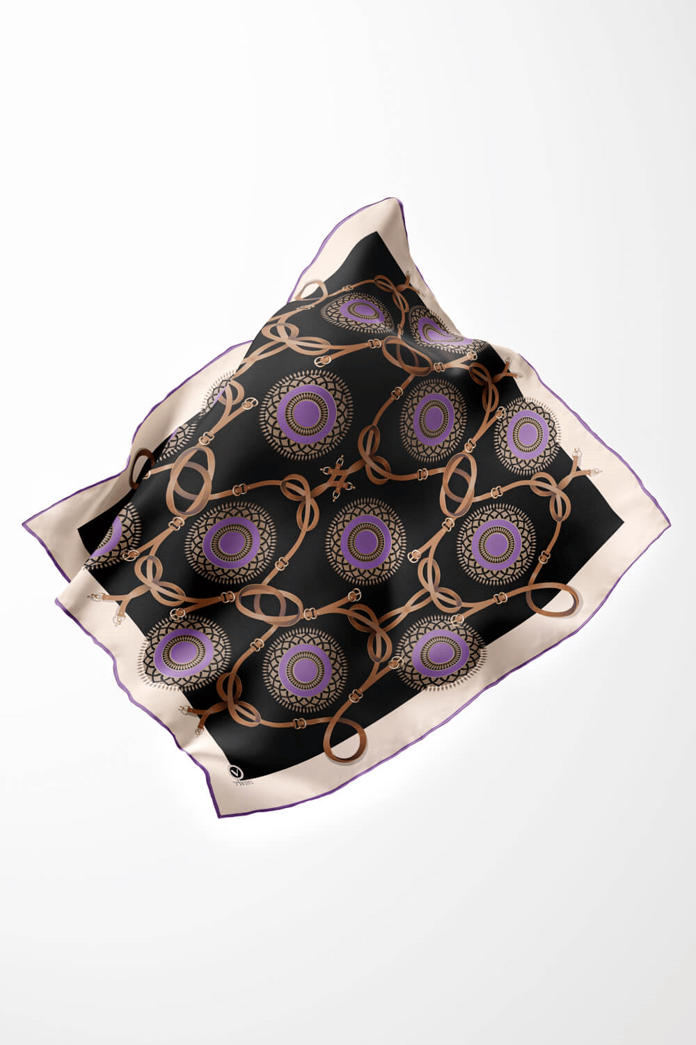 Twill Kemerli Ve Geometrik Desenli Lila Renkli 90x90 Eşarp (İpek İçermez) Kenar Dikiş Şekli El Dikişli