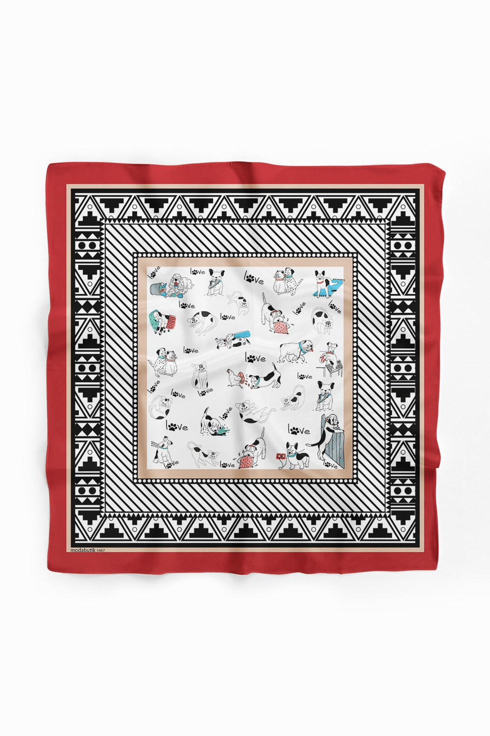Etnik Dog Desenli Kırmızı Siyah Köpek Bandanası DG5467 45x45